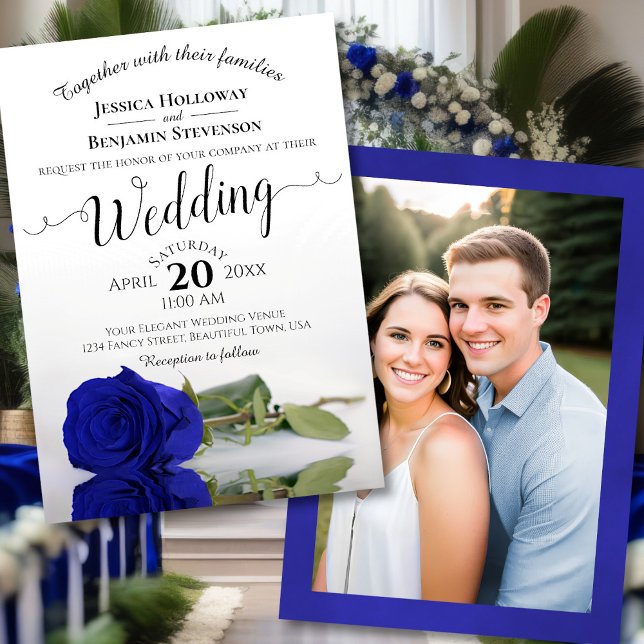 Convites Casamento de Rosa Azul Real Elegante com Foto (Front/Back)