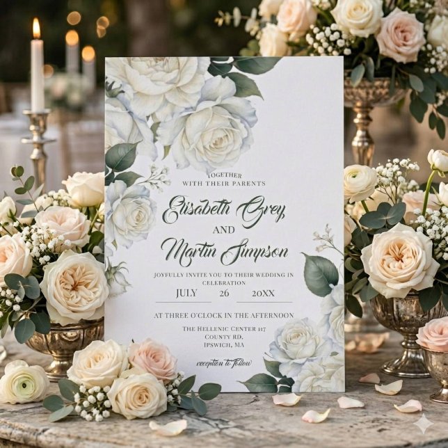 Convites Casamento de Rosa Branca Aquarela (Criador carregado)