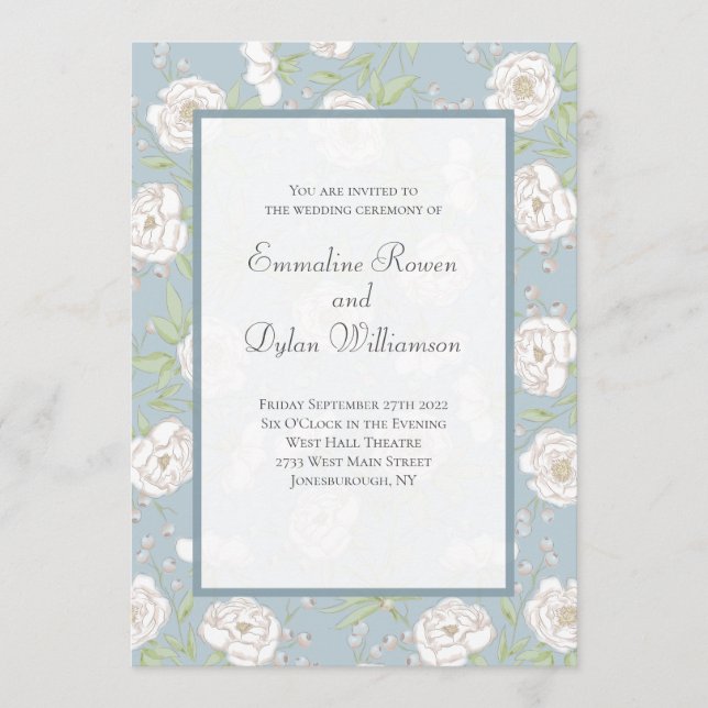 Convites Casamento de Rosa Branca Azul Empoeirada (Frente)
