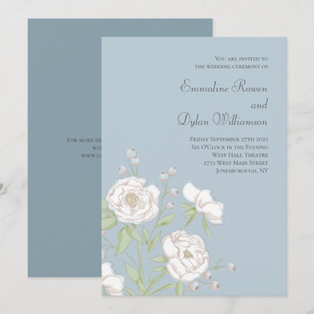 Convites Casamento de Rosa Branca Azul Empoeirada (Frente/Verso)