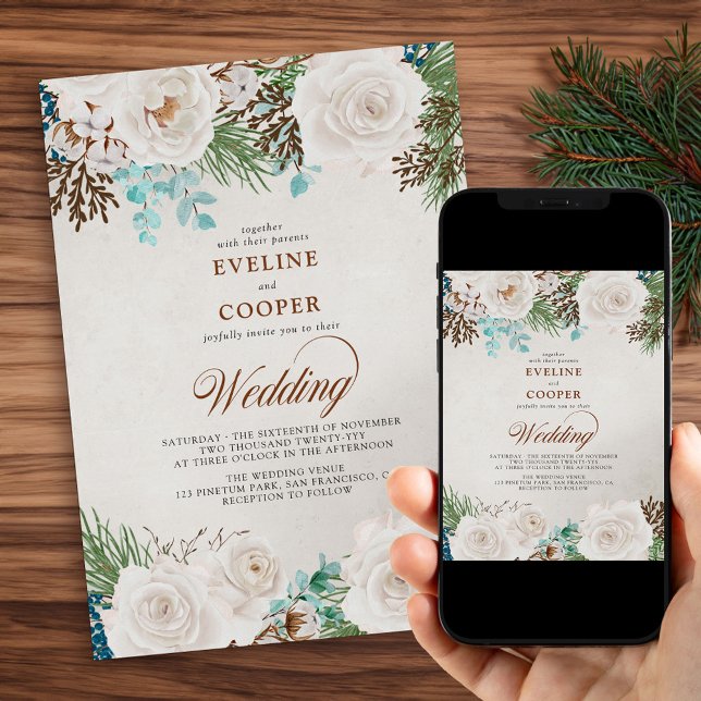 Convites Casamento de Rosa Branca com Aquarela Floral de in (Winter Wedding Invitation with Pine Eucalyptus and White Roses. Order Printed or Printable Download.)