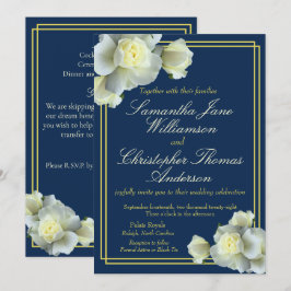 Convites Casamento de Rosa Branca com Roda Azul-Dourada, Ma