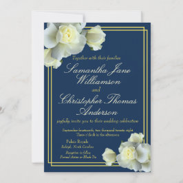 Convites Casamento de Rosa Branca com Roda Azul-Dourada, Ma
