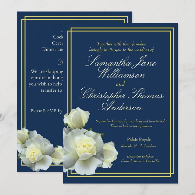 Convites Casamento de Rosa Branca com Roda Azul-Dourada, Ma (Frente/Verso)