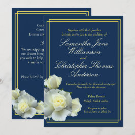 Convites Casamento de Rosa Branca com Roda Azul-Dourada, Ma