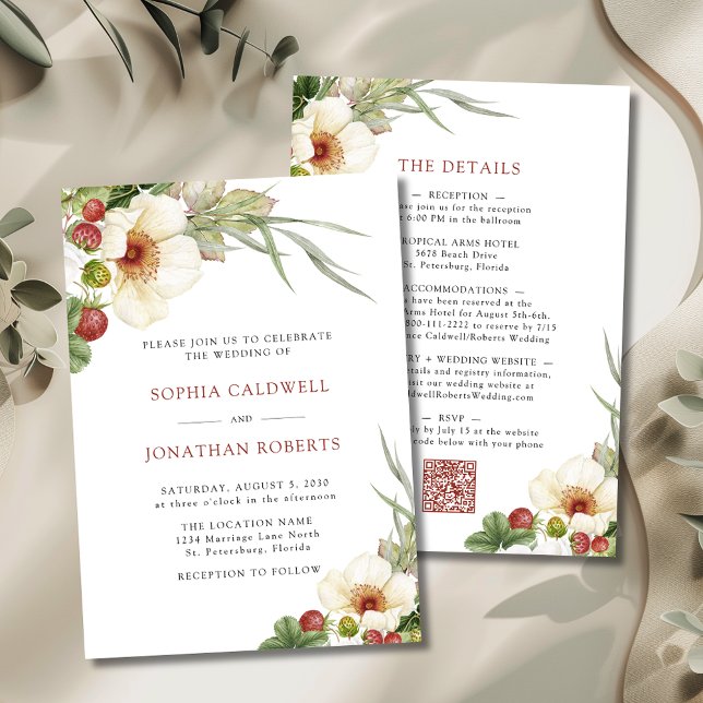 Convites Casamento de Rosa Branca e Morango Selvagem (White Roses and Wild Strawberries Wedding Invitations)