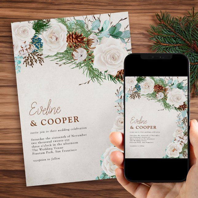 Convites Casamento de Rosa Branca e Pinheiro (Winter Wedding Invitation with Pine Eucalyptus and White Roses. Order Printed or Printable Download.)