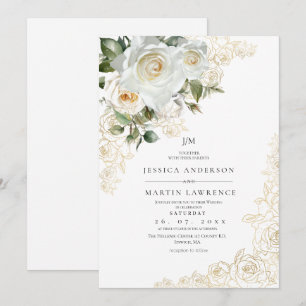 Convites Casamento de Rosa Branca Elegante Dourada