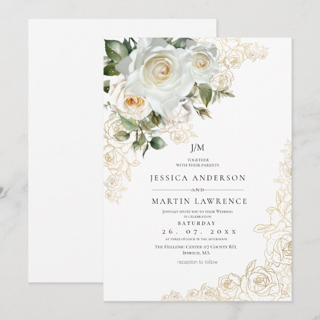Convites Casamento de Rosa Branca Elegante Dourada  (Frente/Verso)