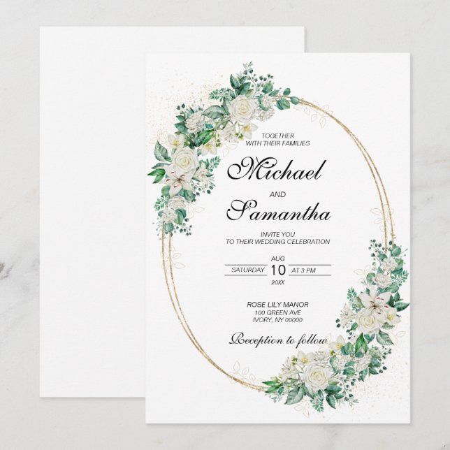 Convites Casamento de Rosa Branca Elegante e Lírios (Frente/Verso)