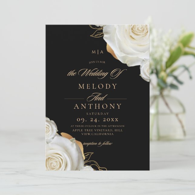 Convites Casamento de Rosa Branca Moderno Chic  (Em pé/Frente)