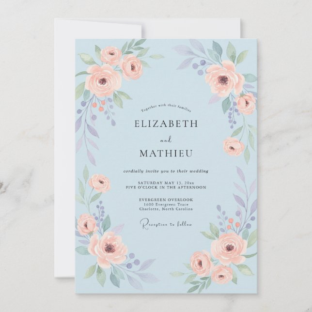 Convites Casamento de Rosa Caprichosa Azul Pó (Frente)