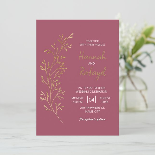 Convites Casamento de Rosa com Folha de Ouro Simples Modern (Em pé/Frente)