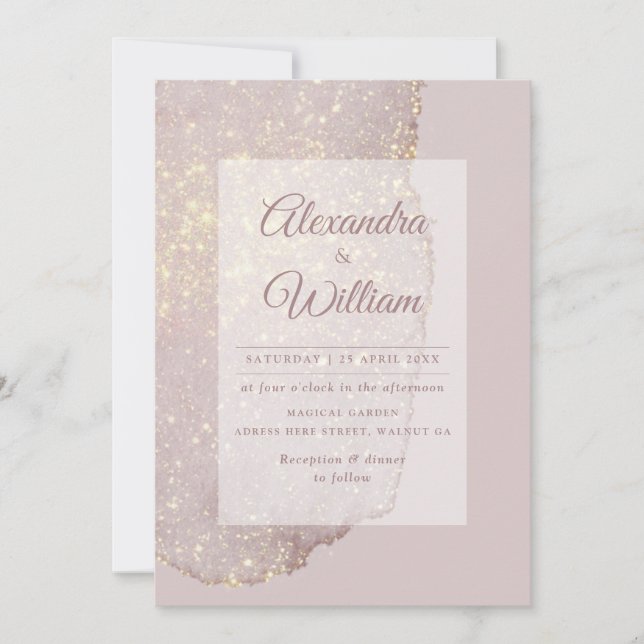 Convites Casamento de Rosa com Glitter Moderno e Dourado ro (Frente)
