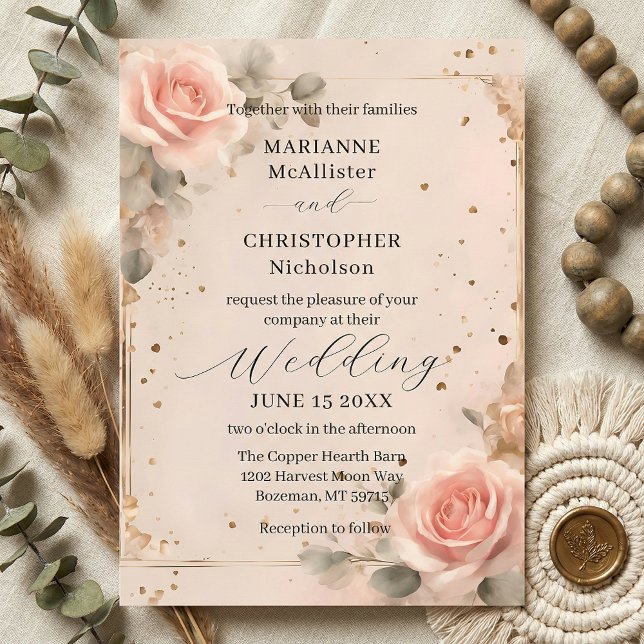 Convites Casamento de Rosa Cor-de-Rosa em Aquarela Romântic (Criador carregado)