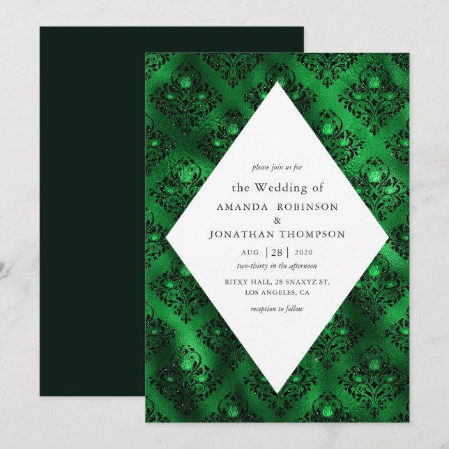 Convites Casamento de Rosa Damasko Verde Esmeralda e Preto  (Frente/Verso)