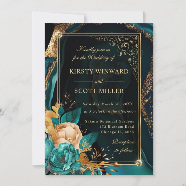 Convites Casamento de Rosa de Ágata Floral Teal de Luxo e O (Frente)