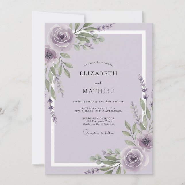 Convites Casamento de Rosa de Aguarela Malva (Frente)