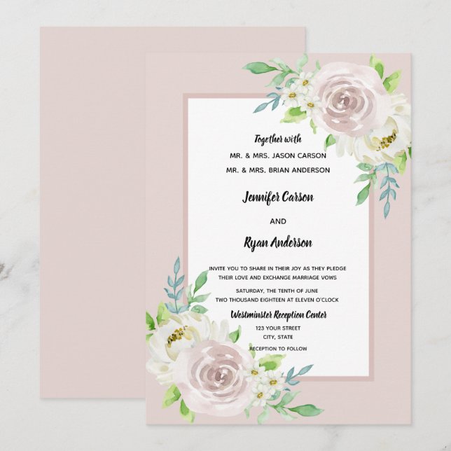 Convites Casamento de Rosa de Aquarela Floral de Rosewood S (Frente/Verso)