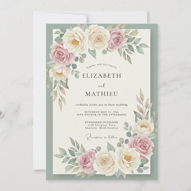 Convites Casamento de Rosa de Blush Creme (Frente)