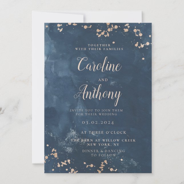 Convites Casamento de Rosa de Ouro Azul de Watercolor Indig (Frente)