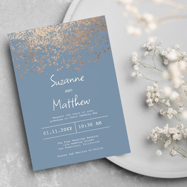 Convites Casamento de rosa de ouro azul e luxuoso (Luxury dusty blue rose gold confetti wedding)