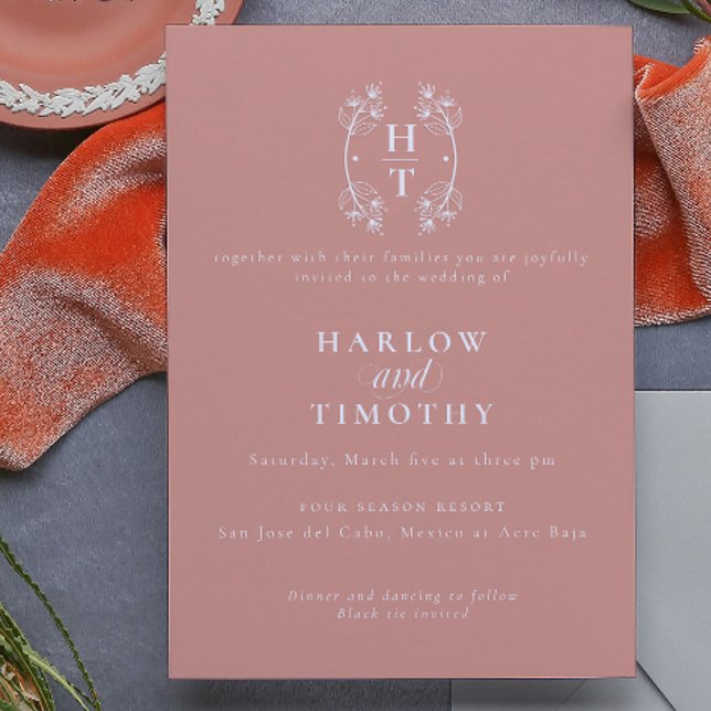 Convites Casamento de rosa de ouro floral de crest com mono (Elegant Monogram Floral Crest gold rose Wedding Invitation)