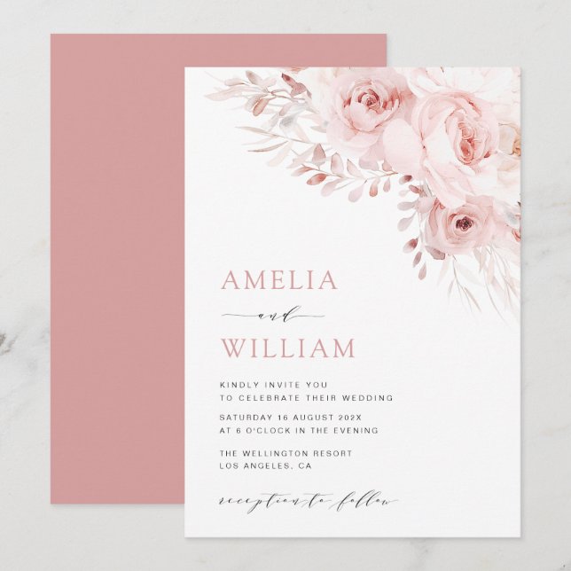 Convites casamento de rosa de poeira moderna (Frente/Verso)