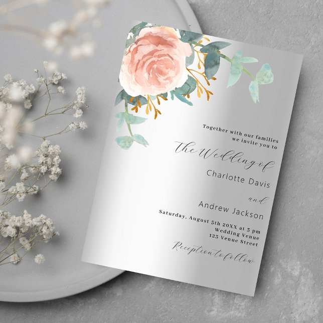Convites Casamento de rosa de prata de ouro floral verde lu (Criador carregado)