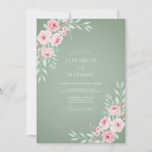 Convites Casamento de Rosa Delicada em Verde Salvia