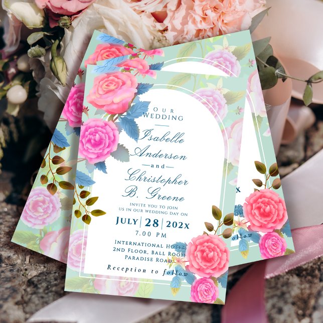 Convites Casamento de Rosa do Jardim Romântico (Elegant Vintage Rose Arch Wedding Invitation.)