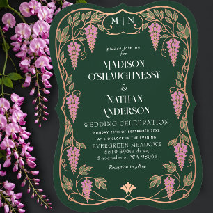 Convites Casamento de Rosa Dourada Art Nouveau com Wistéria