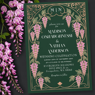 Convites Casamento de Rosa Dourada Art Nouveau com Wistéria