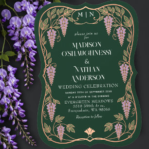 Convites Casamento de Rosa Dourado Art Nouveau Roxo Wisteri