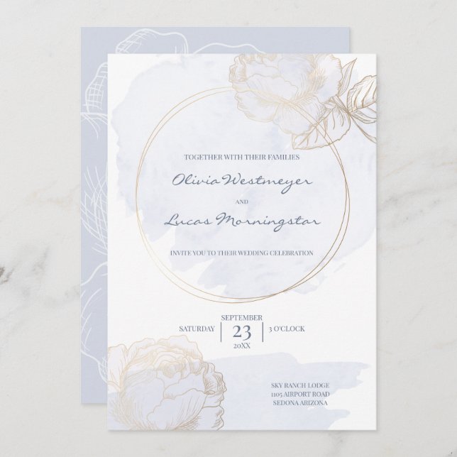 Convites Casamento de Rosa Dusty Blue Watercolor (Frente/Verso)