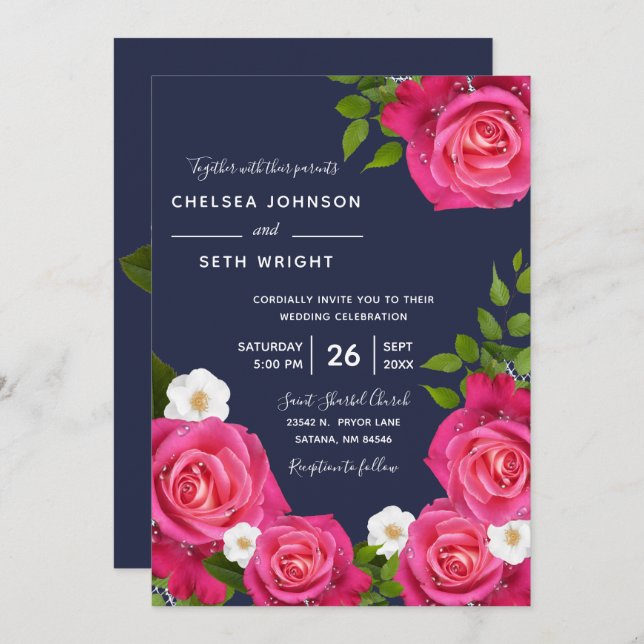 Convites Casamento de Rosa e Azul da Meia-Noite (Frente/Verso)