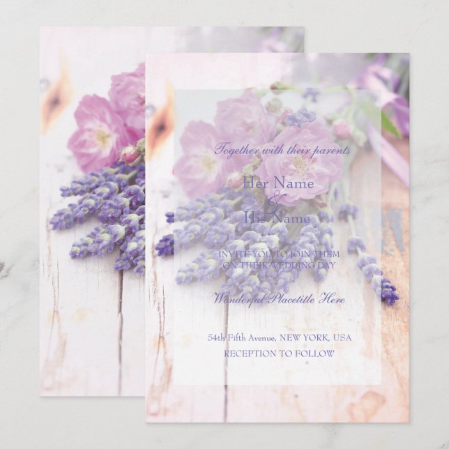 Convites Casamento de Rosa e Lavanda de Verão (Frente/Verso)