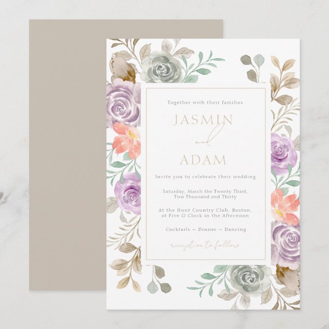 Convites Casamento de Rosa em Aguarela Lilás Elegante (Frente/Verso)