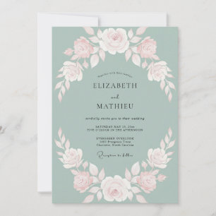 Convites Casamento de Rosa em Aquarela Delicada Sage