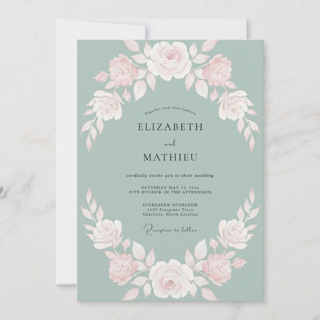 Convites Casamento de Rosa em Aquarela Delicada Sage (Frente)