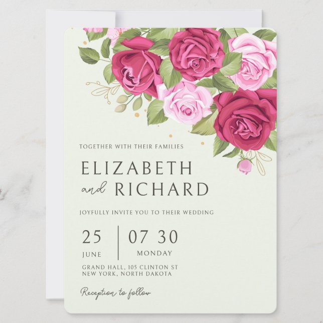 Convites Casamento de Rosa em Aquarela Pastel Floral (Frente)