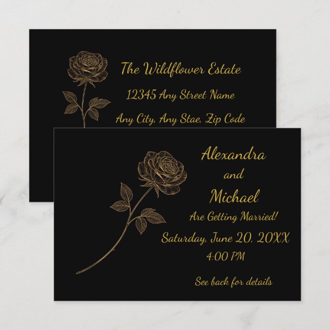 Convites Casamento de Rosa em Arte Linear Simples e Elegant (Frente/Verso)