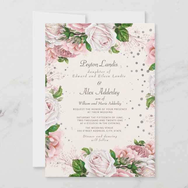 Convites Casamento de Rosa Floral Empoeirada com Brilho Pra (Frente)