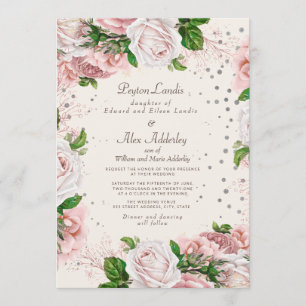 Convites Casamento de Rosa Floral Empoeirada com Brilho Pra