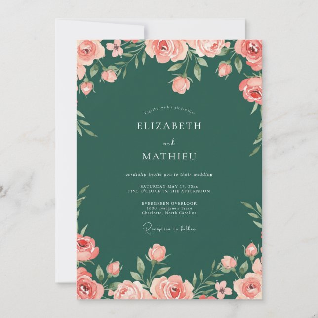 Convites Casamento de Rosa Luxuriante Verde Esmeralda (Frente)