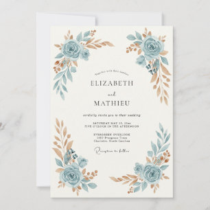 Convites Casamento de Rosa Ornamentada Azul Ardesia