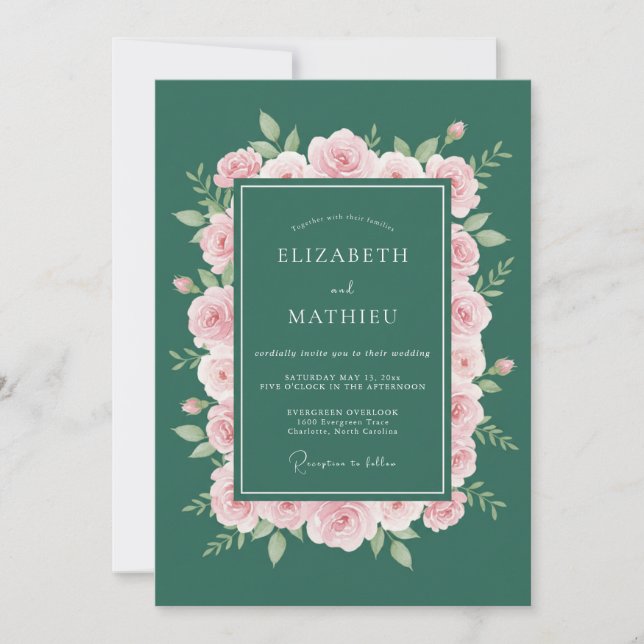 Convites Casamento de Rosa Refinada Esmeralda Verde (Frente)