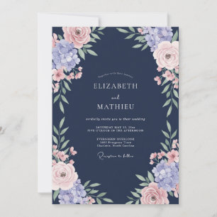Convites Casamento de Rosa Romântica Azul Marinho