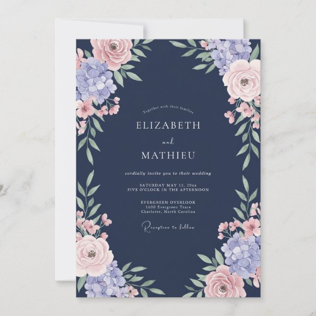 Convites Casamento de Rosa Romântica Azul Marinho (Frente)