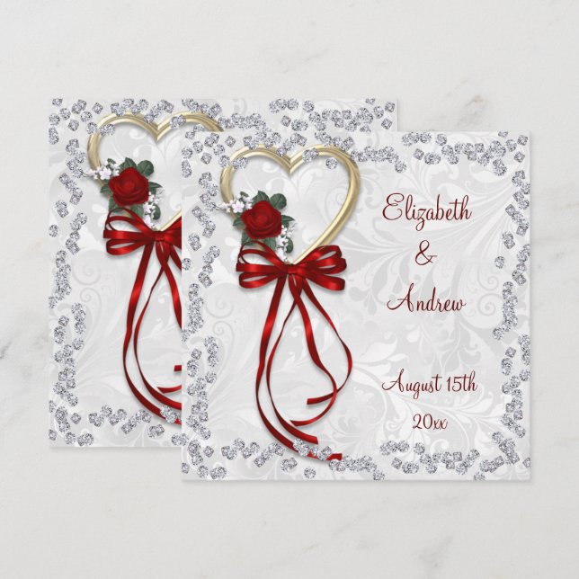 Convites Casamento de Rosa romântico, Ouros e Fita Vermelha (Frente/Verso)